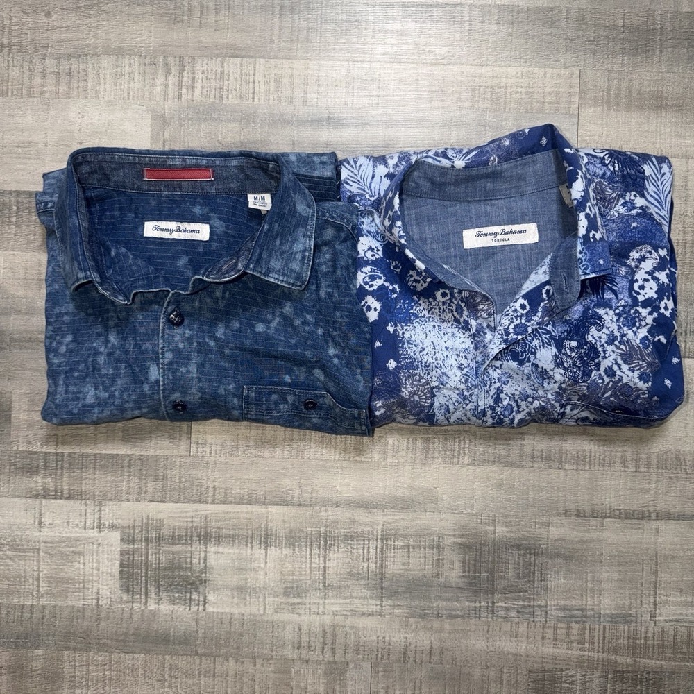 Tommy Bahama Mens Blue Tropical Print Cotton Button Down Shirt Medium Lot Of 2